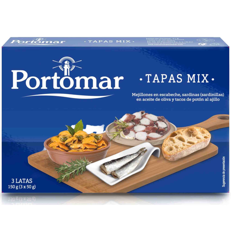 Tapas Mix - Preserved Seafood (mussels+sardinilla+squid), tin. Easy Open